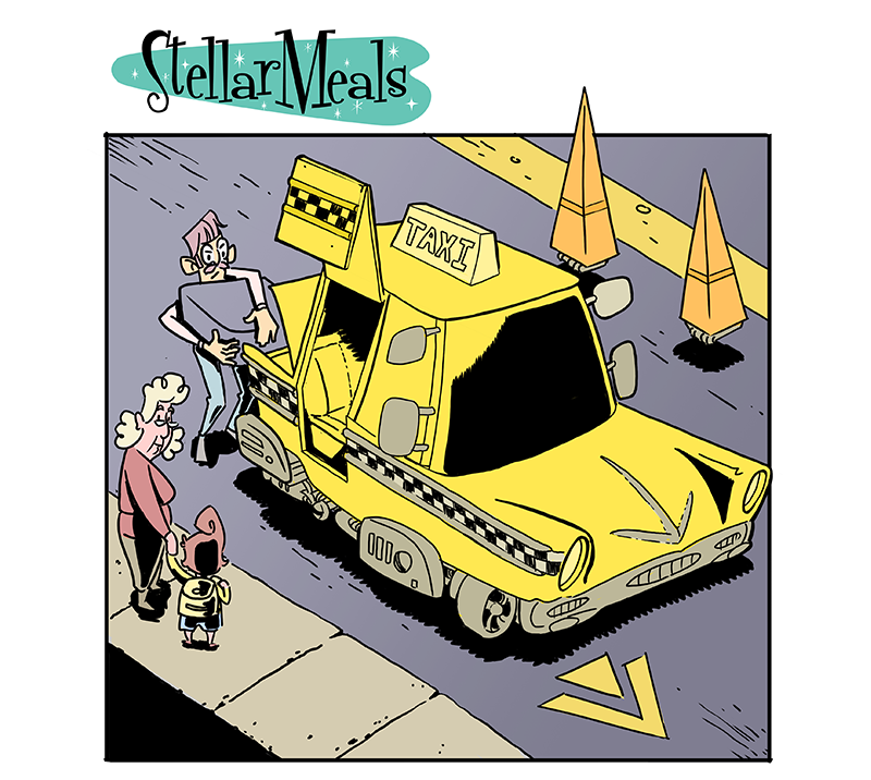 stellarmeals page 4 panel 1 stella, gordon and babs getting into a taxi