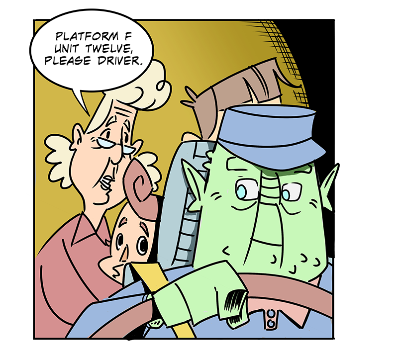 stellarmeals page 4 panel 2 grandma babs telling the alien driver where to go "platform F unit 12"