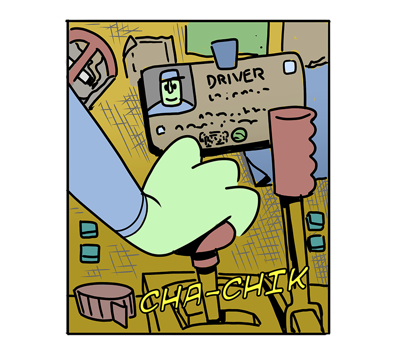 stellarmeals page 4 panel 3 the driver sifting gears, sound effect "cha-chick"