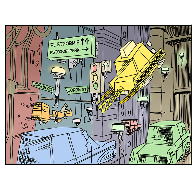 stellarmeals page 4 panel 7 the taxi cab ascending further up as they get to Platform F